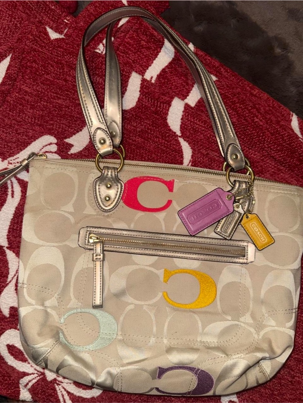 Authentic Coach Signature Canvas Tote with Multicolor C Accents